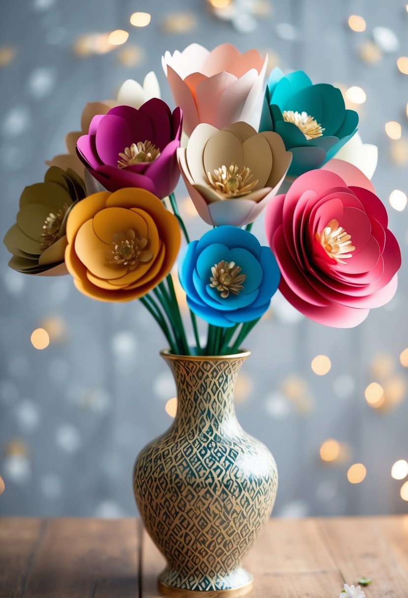 A bouquet of paper flowers in various colors and sizes arranged in a decorative vase