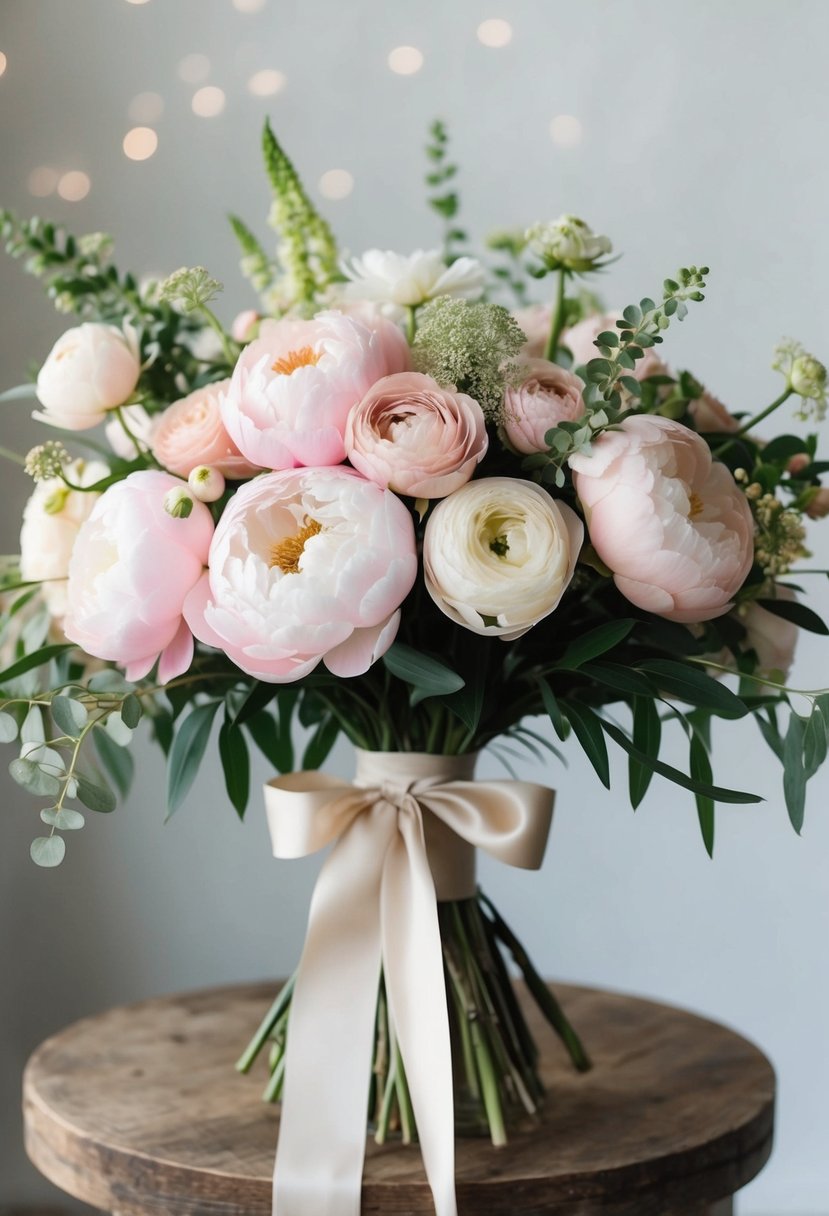 A pastel bouquet of peonies, roses, and ranunculus tied with a silk ribbon. Greenery and delicate blooms cascade from the arrangement