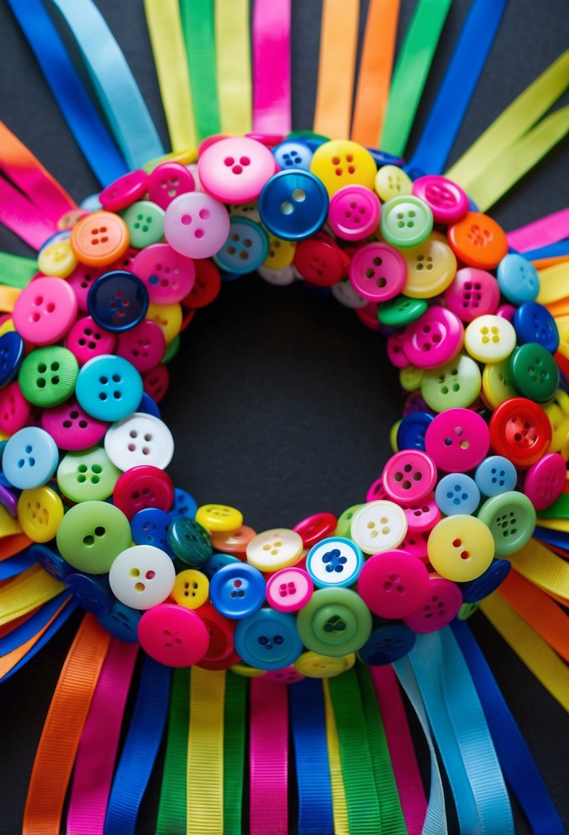 A vibrant bouquet of assorted buttons arranged in a circular shape, with colorful ribbons cascading down