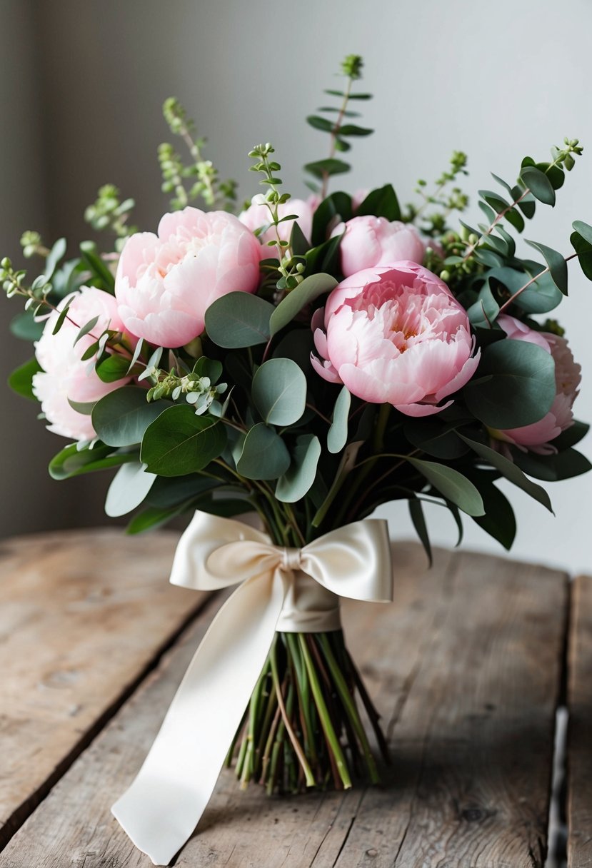 A lush bouquet of pink peonies and green eucalyptus, tied with a satin ribbon, sitting on a rustic wooden table