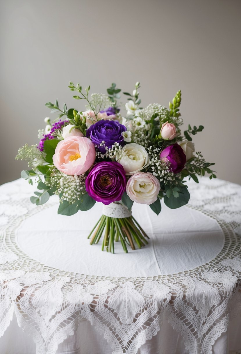 A white lace tablecloth with a bouquet of silk flowers in various shades of pink, purple, and white, with greenery and baby's breath