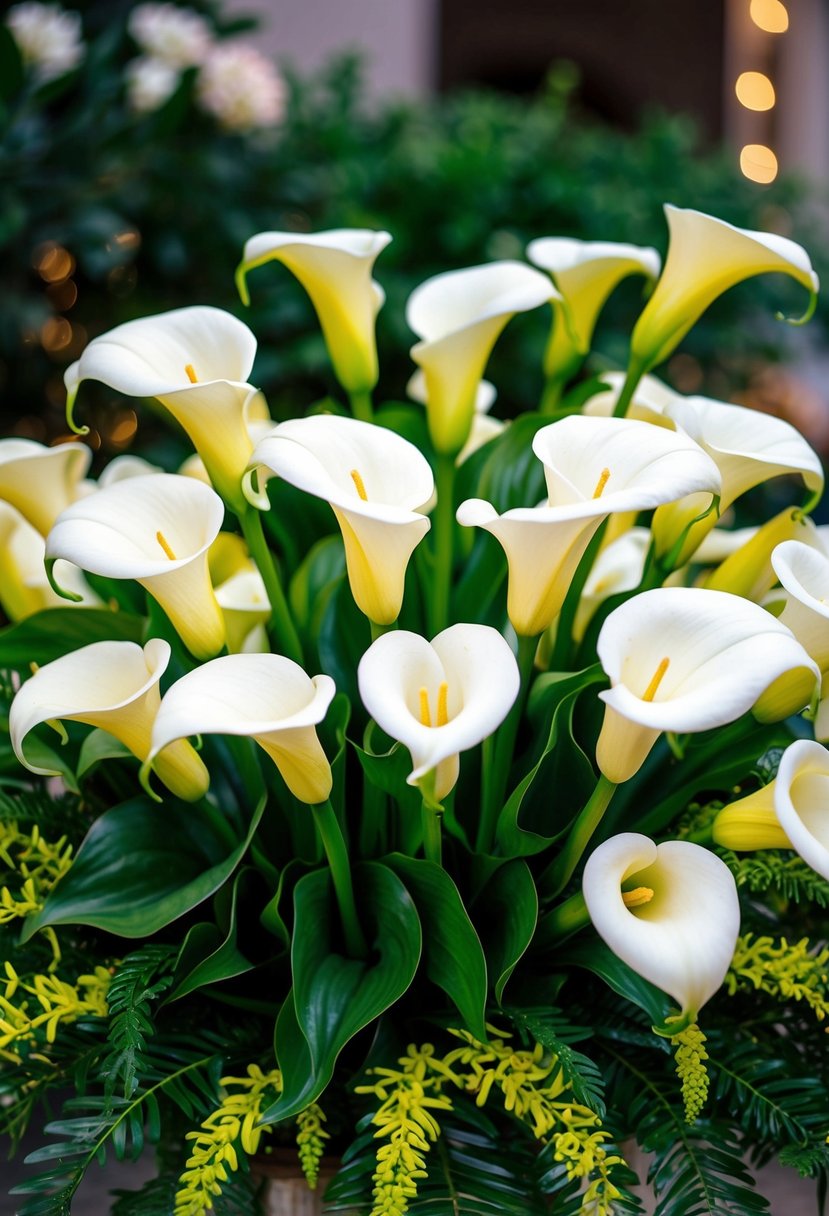 A lush bouquet of white calla lilies surrounded by vibrant greenery, perfect for a spring wedding