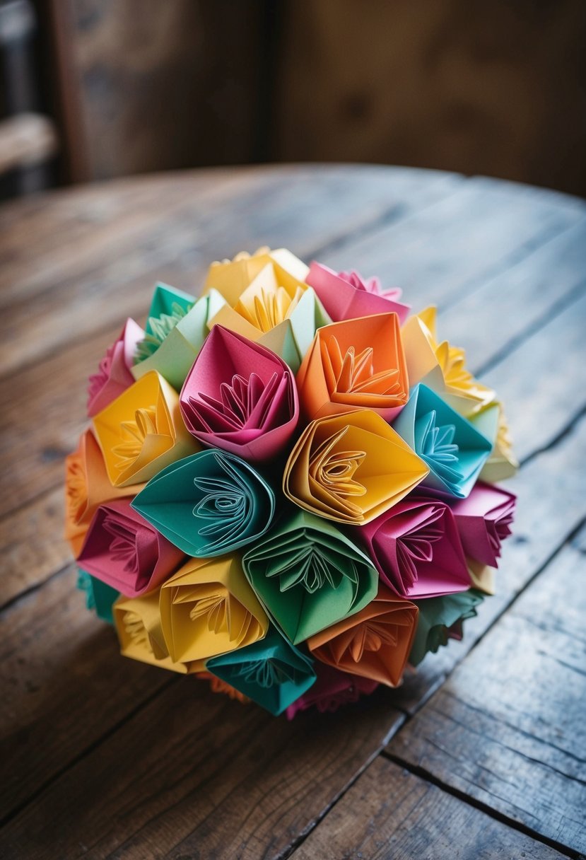 A delicate origami pomander bouquet with intricate folds and vibrant colors, no roses, sits on a rustic wooden table