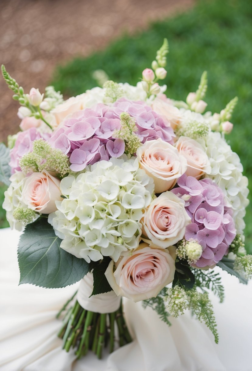 A lush bouquet of hydrangeas and roses in soft pastel colors, arranged in a delicate and flowing manner, evoking the essence of a spring wedding