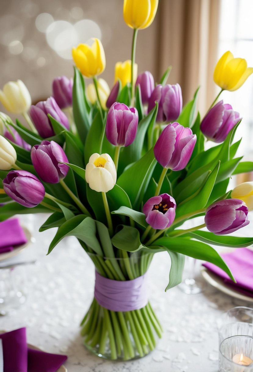 A vibrant bouquet of tulips and sweet peas, arranged in a delicate and elegant spring wedding theme