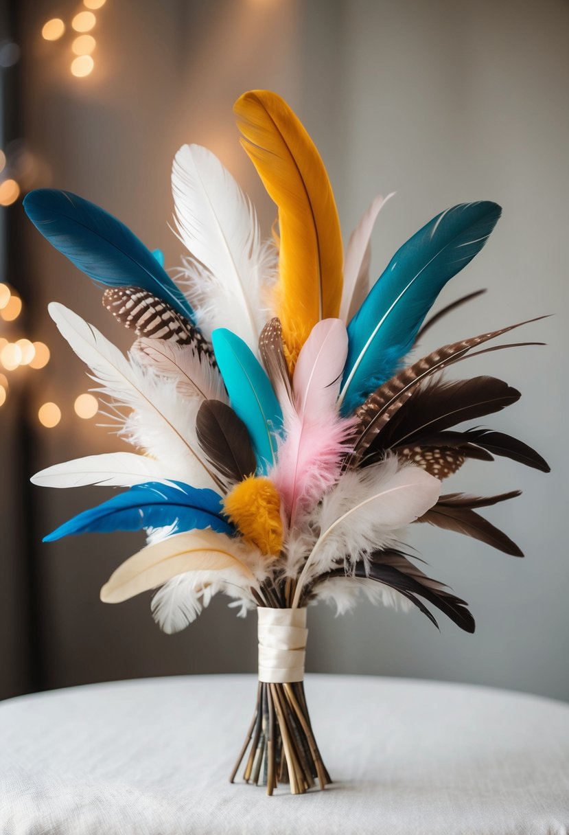 A delicate bouquet of feathers in various sizes and colors, arranged in a cascading, asymmetrical design