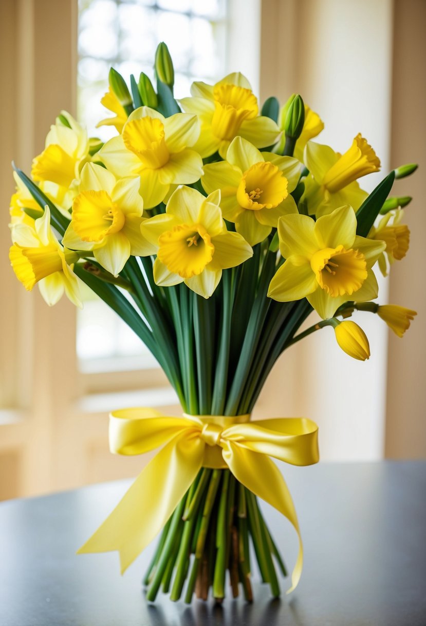 A vibrant bouquet of yellow daffodils and green buplerum, tied with a satin ribbon