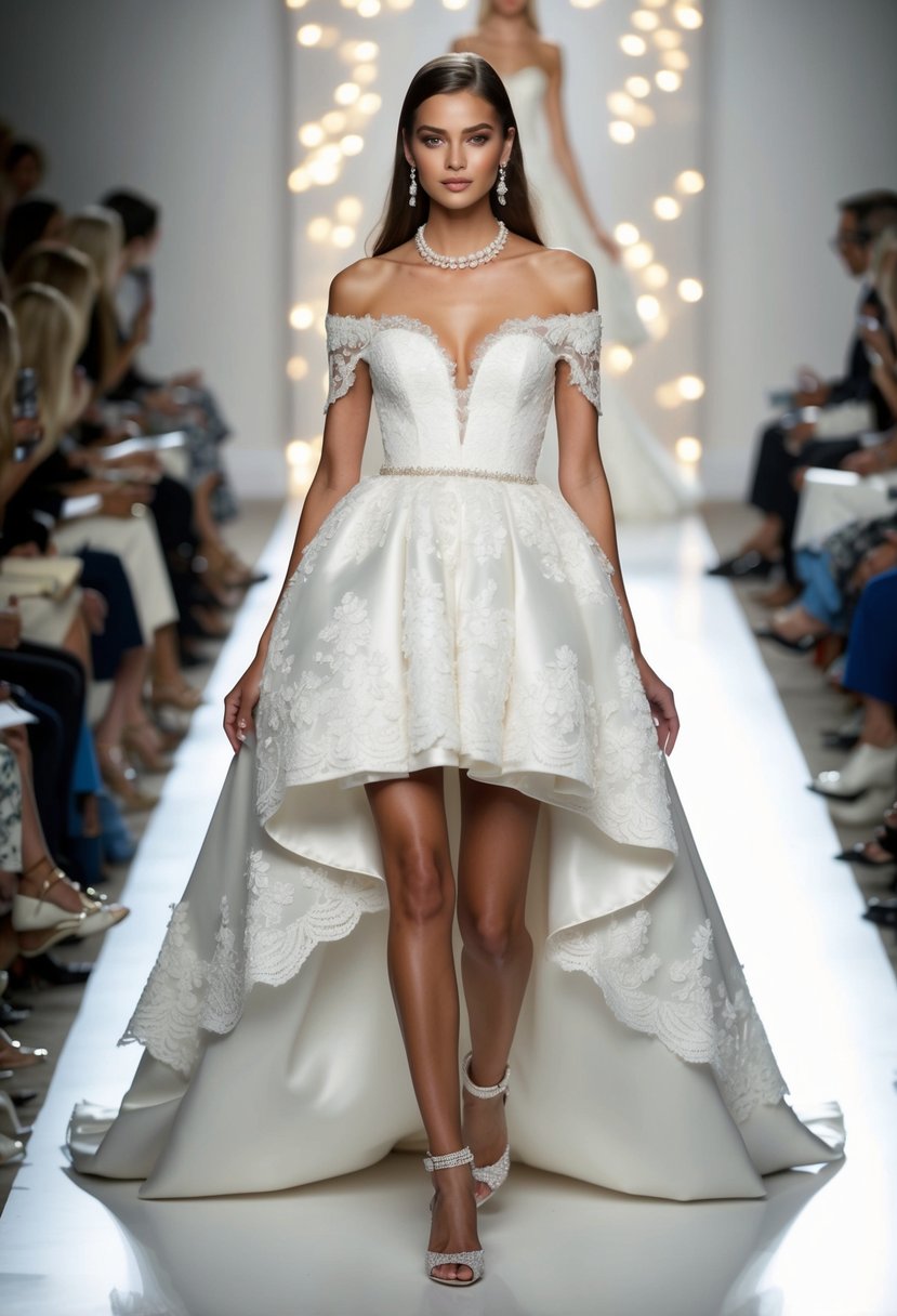 A model in a voluminous, off-the-shoulder wedding gown with a high-low hem, adorned with lace and pearls, strutting down a 90s runway