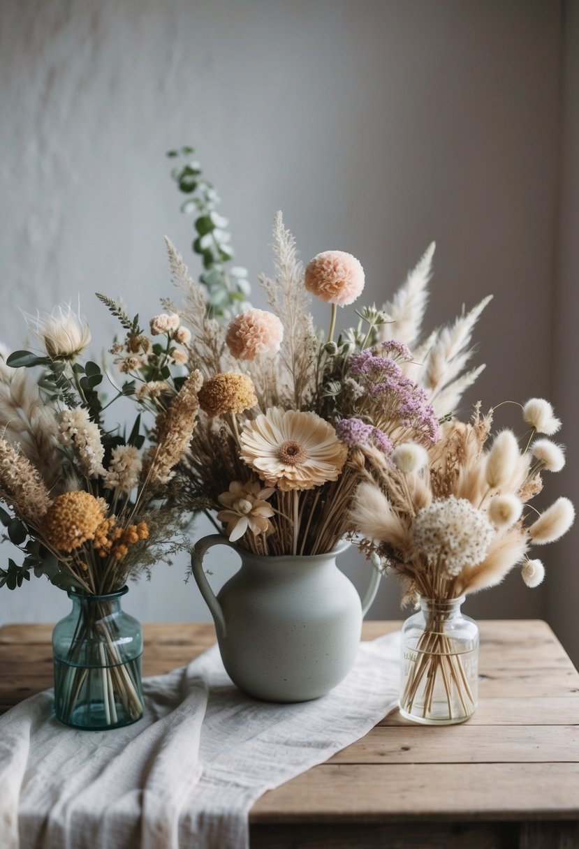 A rustic table with assorted dried flower bouquets in soft pastel colors, featuring delicate blooms and greenery, arranged in a loose and organic style