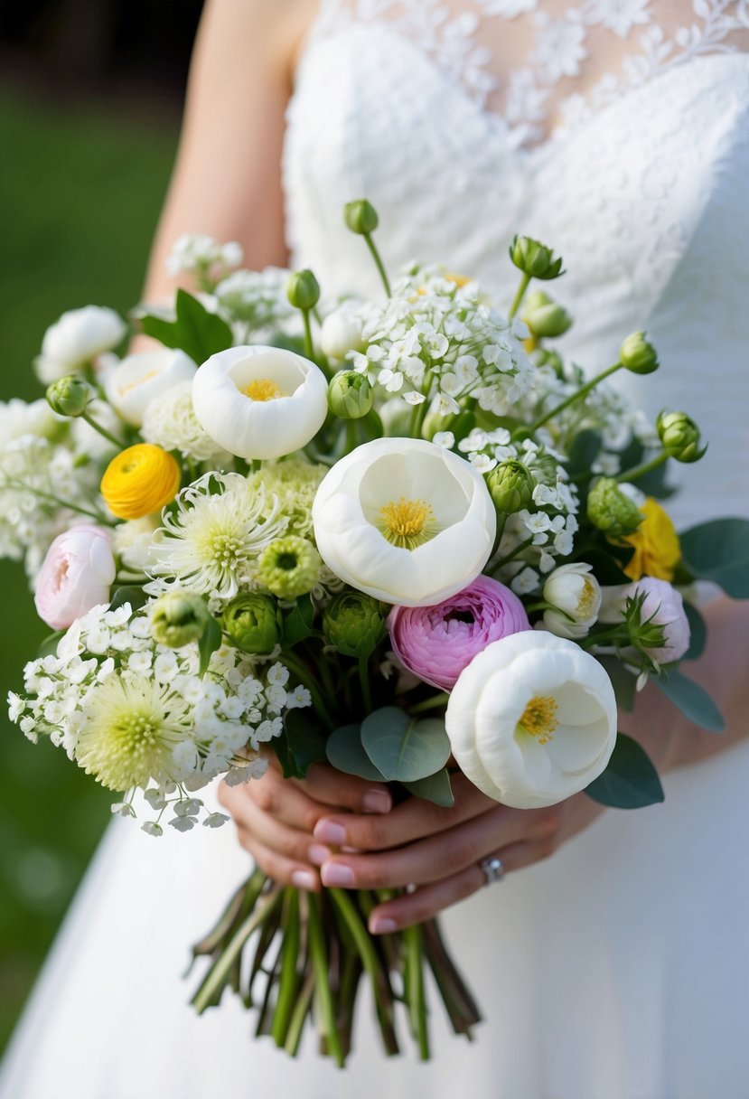 A delicate mix of gypsophila and ranunculus in a spring wedding bouquet