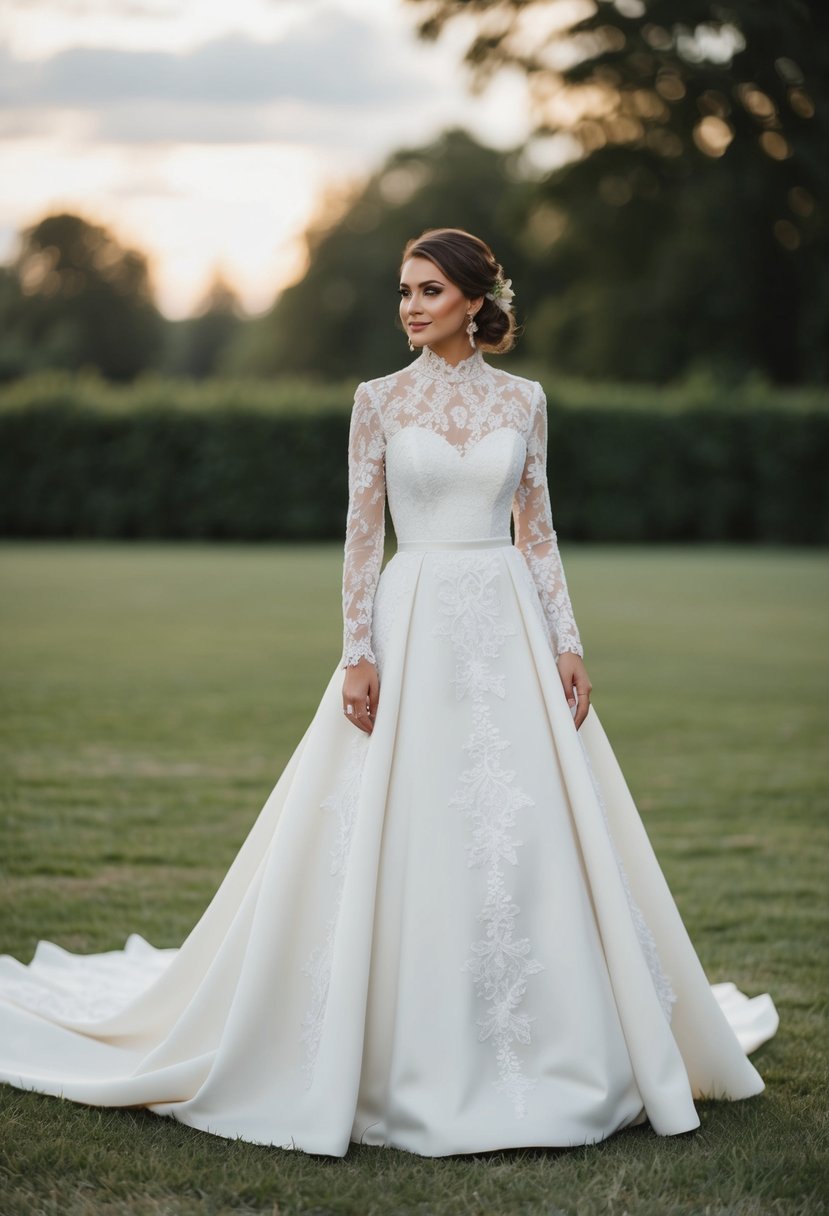 A lace-sleeved 90s wedding dress with a long, flowing train, delicate embroidery, and a high neckline