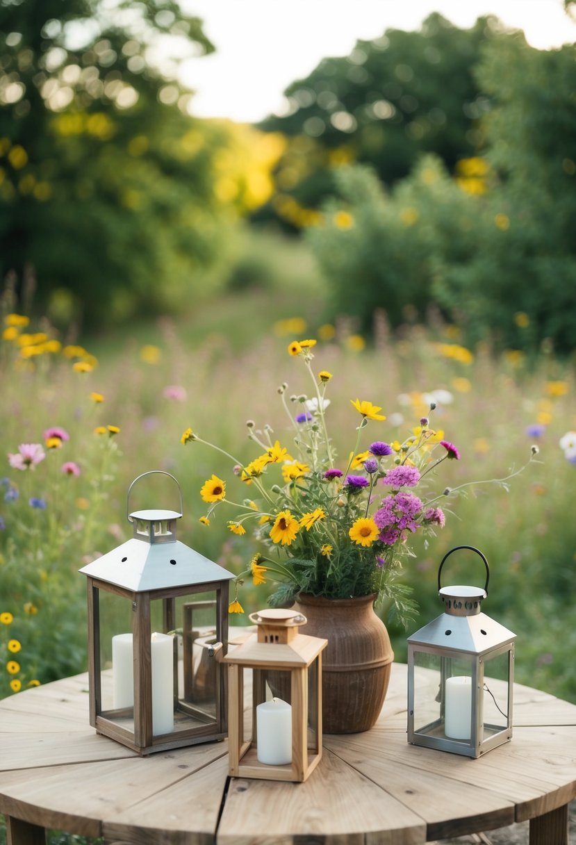 A wooden table with assorted rustic lanterns and wildflowers in a natural, outdoor setting