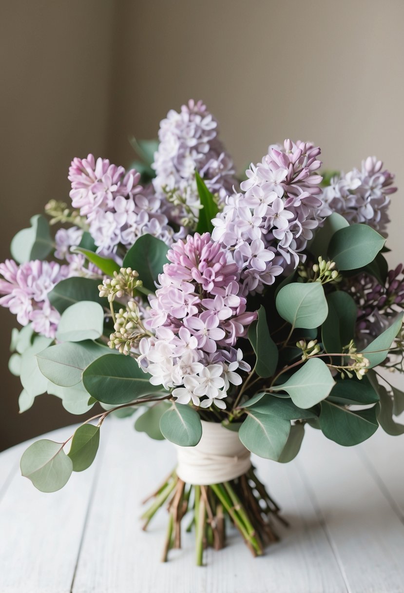 A delicate arrangement of lilacs and eucalyptus, intertwined in a spring wedding bouquet