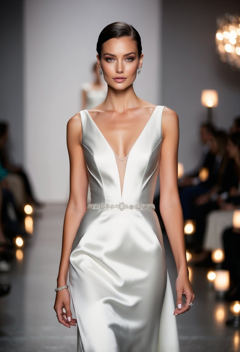 A sleek, satin wedding dress with clean lines and minimalistic details, inspired by 90s runway fashion