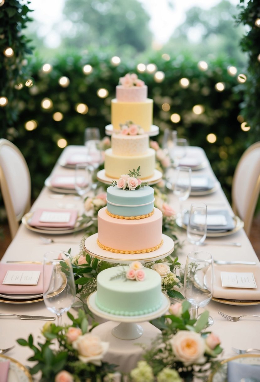 A table set with mini cake bouquets in various pastel colors and delicate floral designs, surrounded by greenery and soft lighting