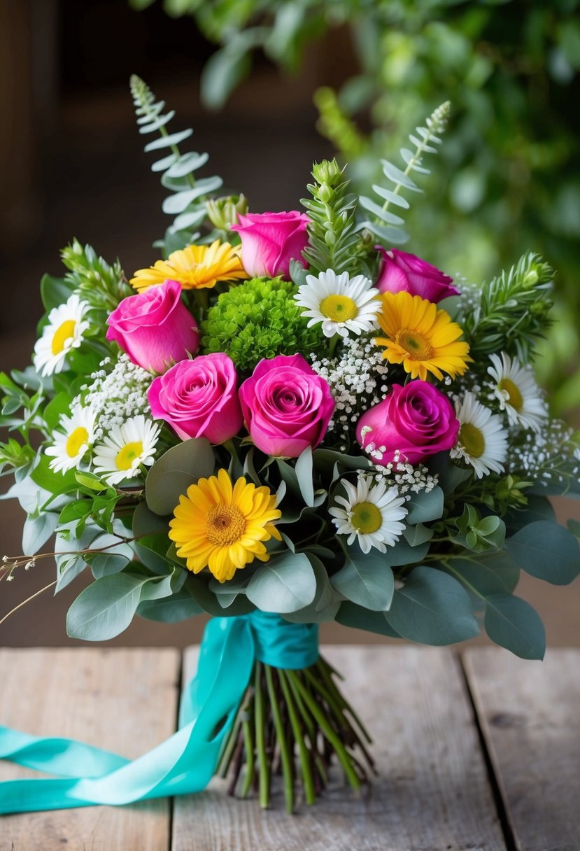 A vibrant bouquet of roses and daisies arranged in a rustic, hand-tied style, with flowing greenery and delicate baby's breath accents