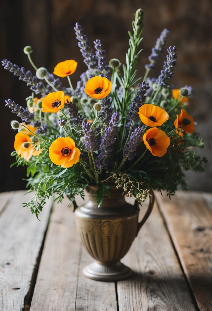 A lush bouquet of lavender and poppies, accented with delicate greenery, sits in a vintage vase on a rustic wooden table