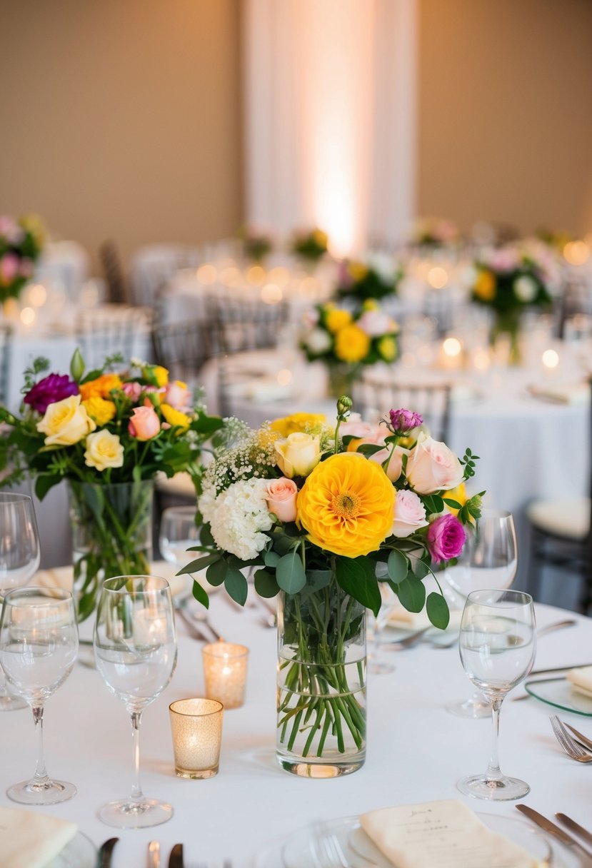 Glassware centerpieces filled with various flowers, no roses, arranged on tables at a wedding reception