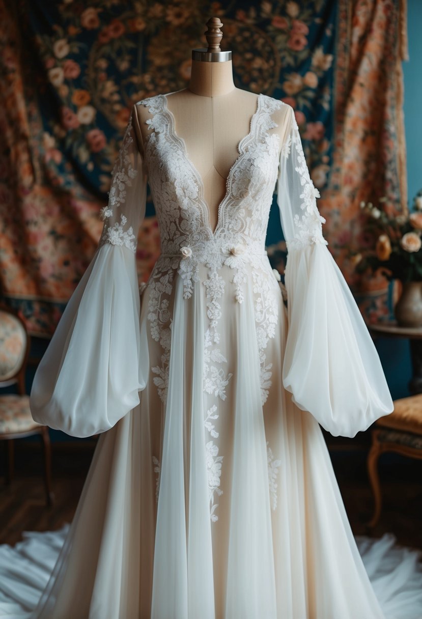 A flowing, lace-trimmed wedding gown with a deep V-neck, floral appliques, and billowing sleeves, set against a backdrop of vintage tapestries and eclectic decor