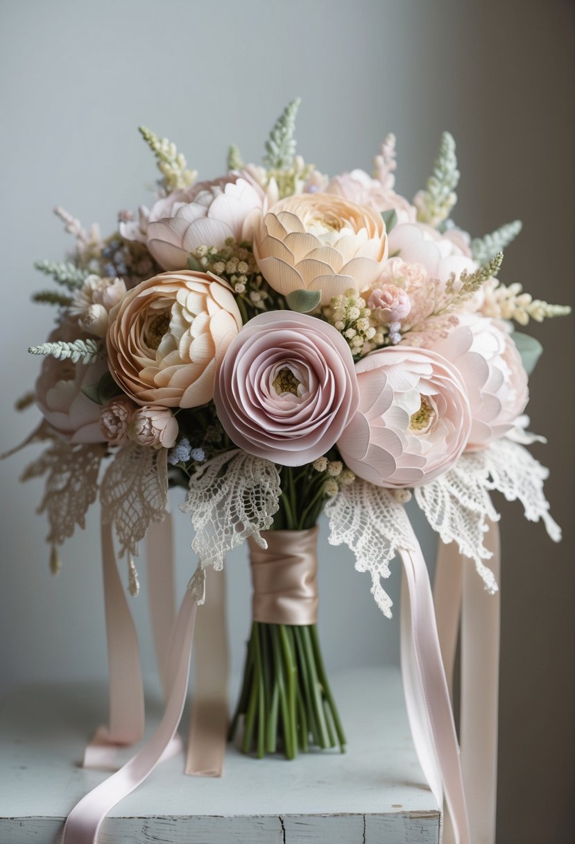 A delicate bouquet of sculpted lace flowers in soft pastel hues, accented with intricate details and trailing ribbons