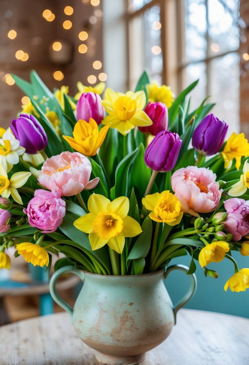 A lush bouquet of vibrant mixed spring blooms, including tulips, daffodils, and peonies, arranged in a rustic, pastel-colored vase