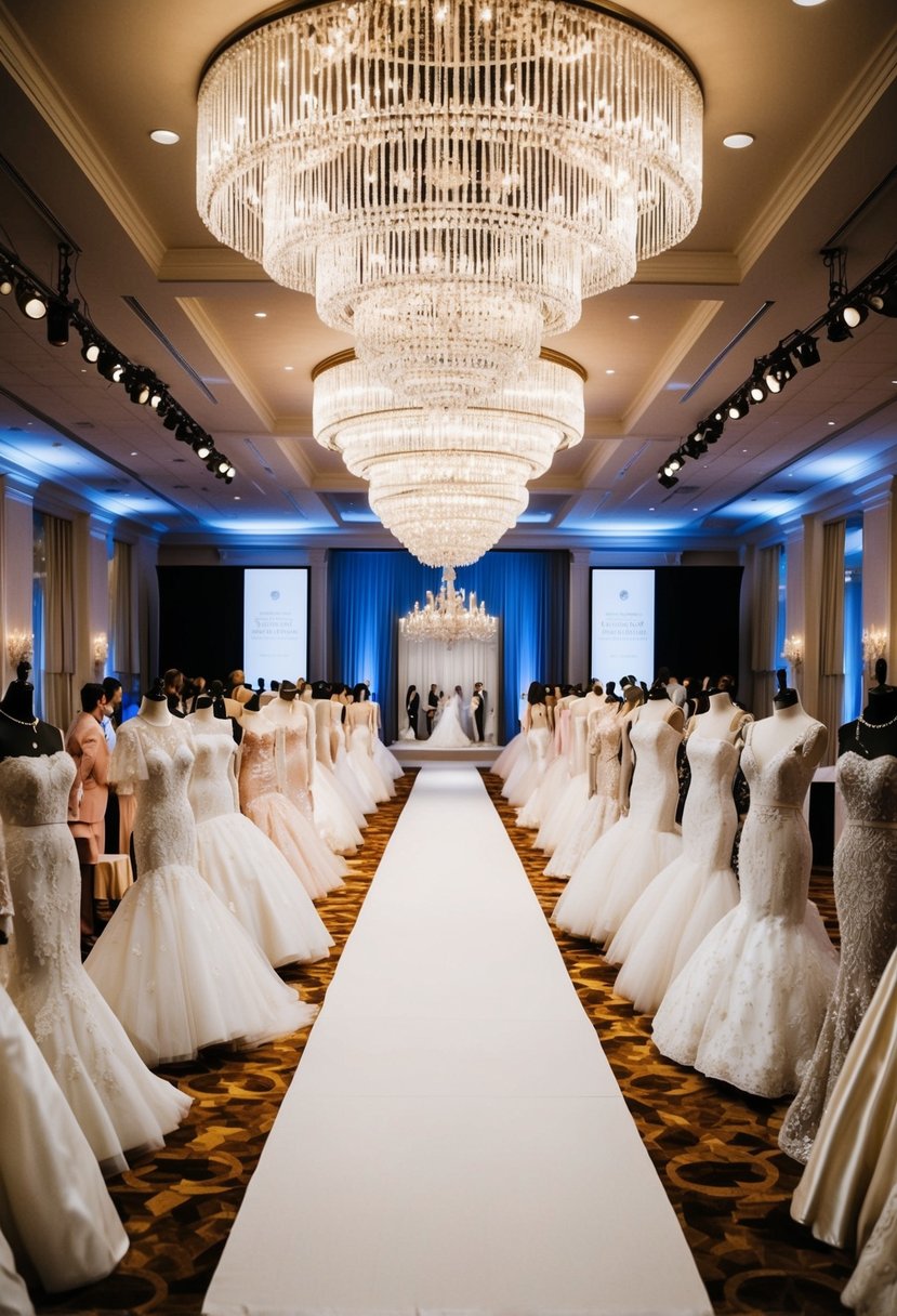 A grand ballroom with a sparkling chandelier, a long runway, and rows of elegant 90s-inspired wedding dresses on display