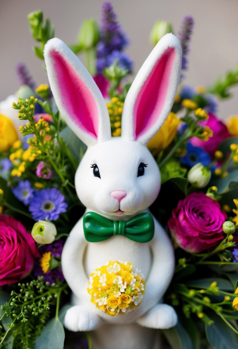 A bunny figure bouquet surrounded by colorful flowers and greenery, with no roses in sight, perfect for a whimsical wedding