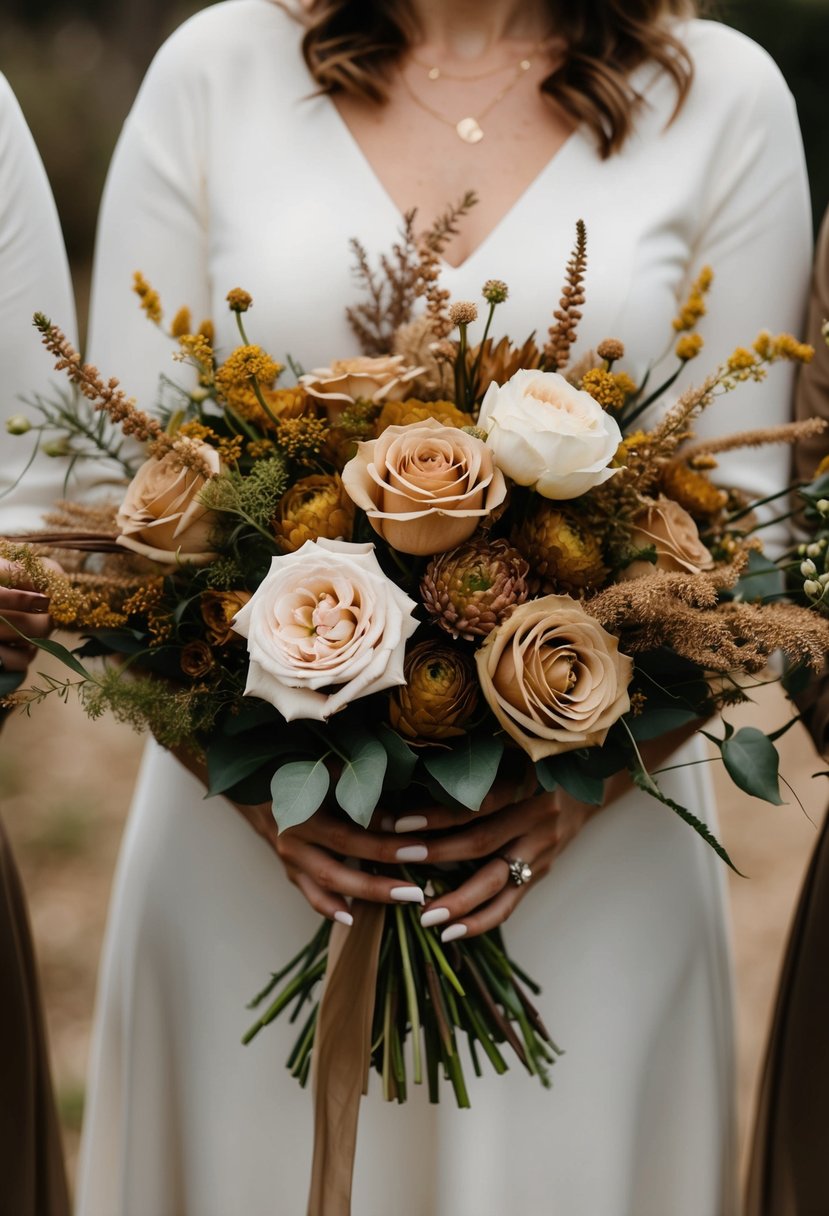 An earth-toned bouquet of roses and other flowers arranged in a rustic, natural style for a spring wedding