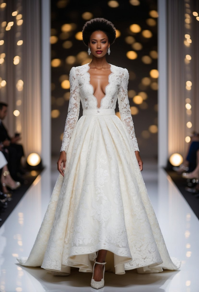 A dramatic 90s-inspired runway wedding dress with vintage lace, a full skirt, and a deep v-neck