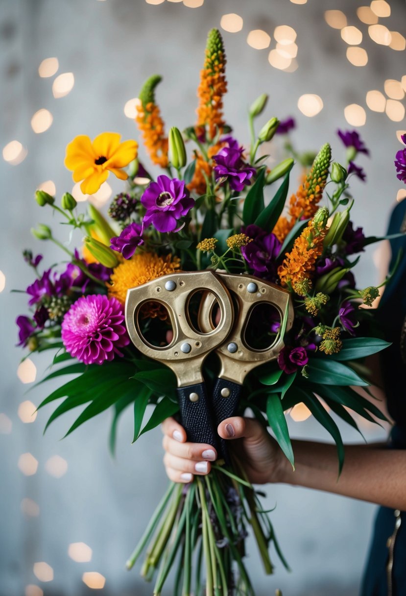 A bouquet of brass knuckles intertwined with vibrant and unconventional flowers