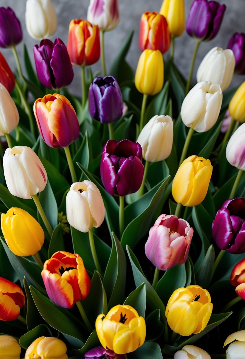 A vibrant bouquet of tulips in various colors and sizes arranged in a stylish and elegant manner, perfect for a spring wedding