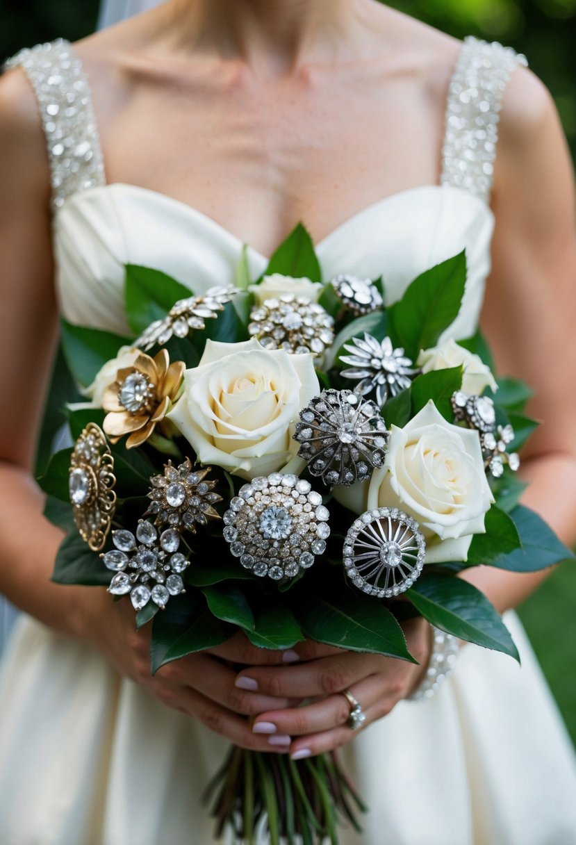 A collection of vintage brooches arranged in a bouquet, with no roses, for a wedding