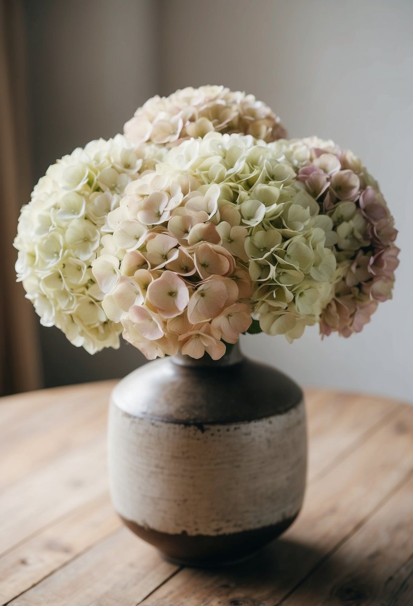 A delicate bouquet of soft pastel hydrangeas arranged in a rustic vase on a wooden table