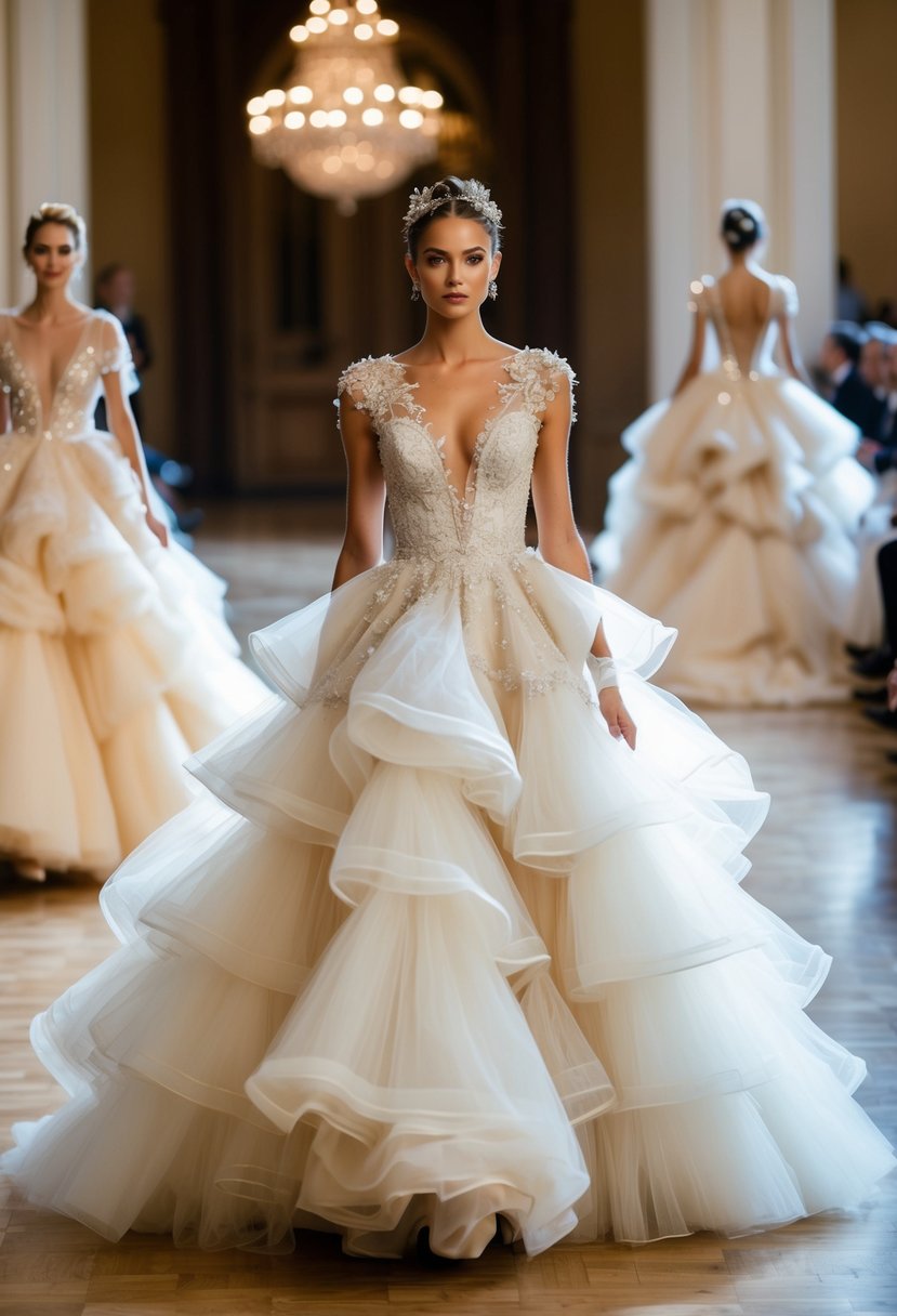 A billowing 90s runway wedding dress with whimsical tulle layers flowing around a grand ballroom, adorned with delicate lace and shimmering embellishments