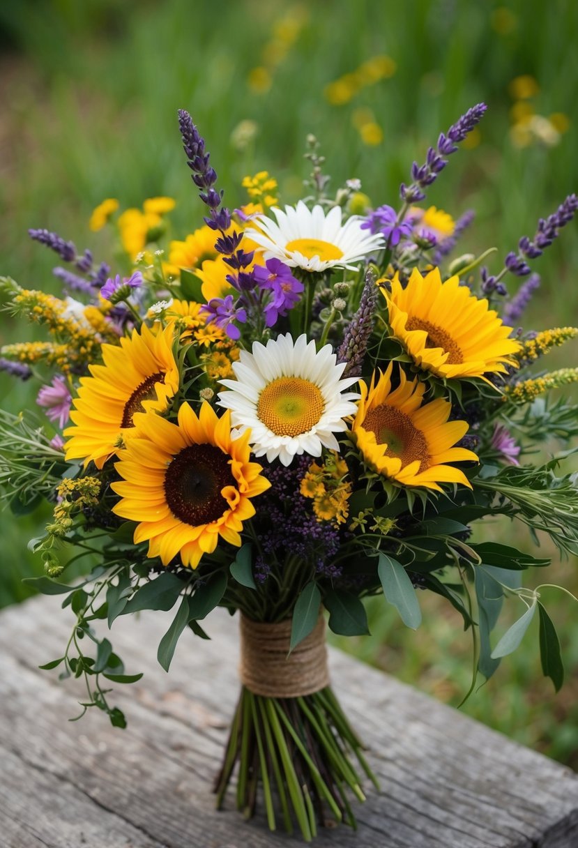 A colorful bouquet of wildflowers, including daisies, sunflowers, and lavender, arranged in a rustic, hand-tied style with flowing greenery