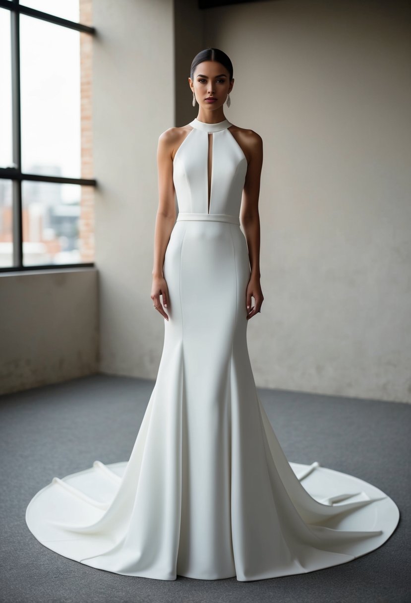 A sleek, minimalist wedding dress with clean lines and a high neckline, featuring a dramatic train and subtle 90s-inspired details