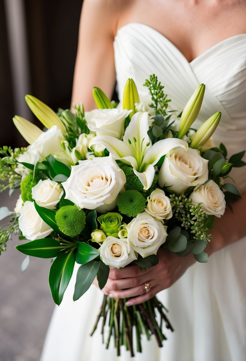 A white and green bouquet of roses, lilies, and greenery arranged in a classic style for a spring wedding