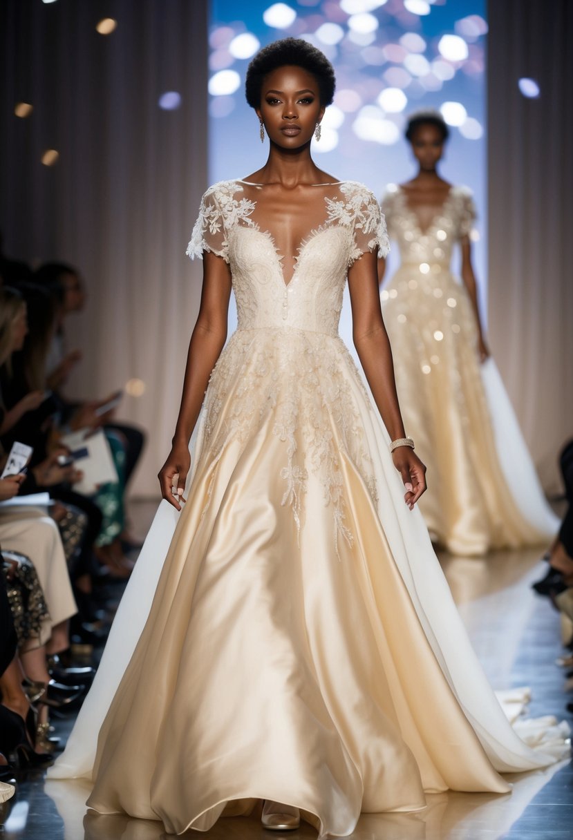 A flowing champagne-hued wedding dress glides down a 90s runway, adorned with delicate lace and shimmering sequins