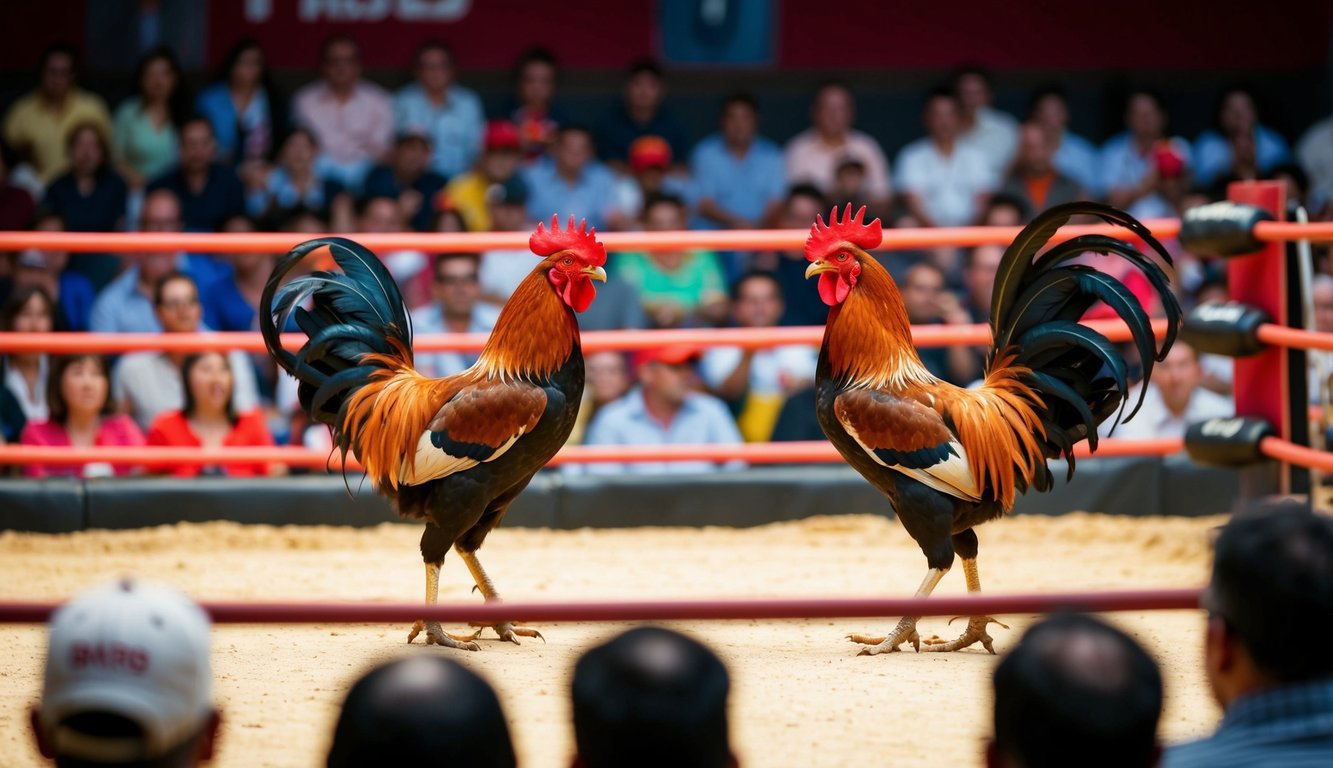 Sebuah arena yang ramai dengan dua ayam jantan yang berhadapan dalam pertandingan yang sengit, dikelilingi oleh penonton yang antusias