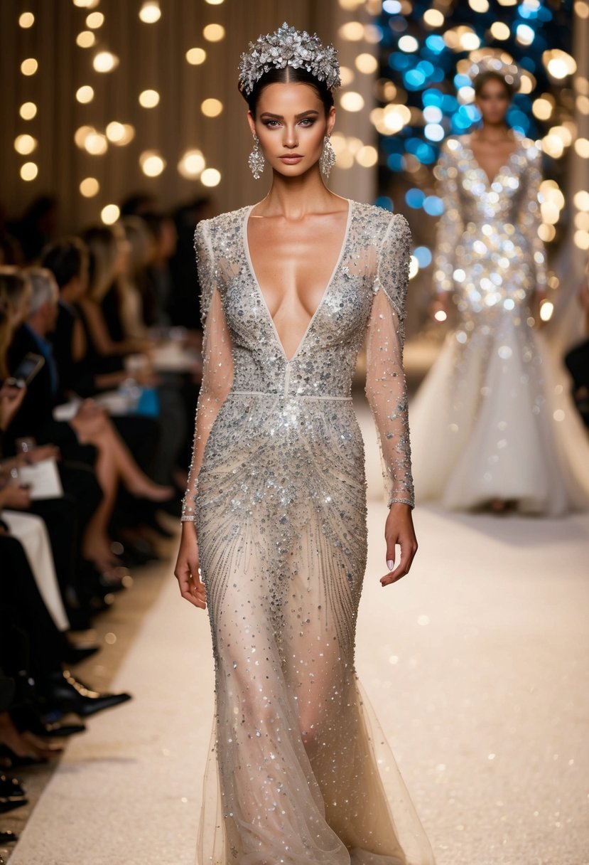 A shimmering 90s runway wedding dress adorned with sparkling sequins and glamorous details