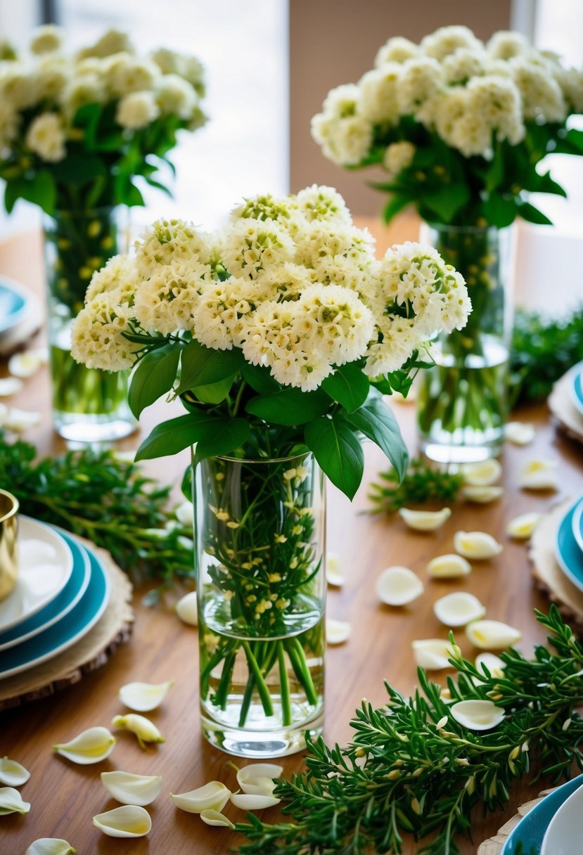 A table adorned with jasmine bouquets in glass vases, surrounded by scattered petals and greenery