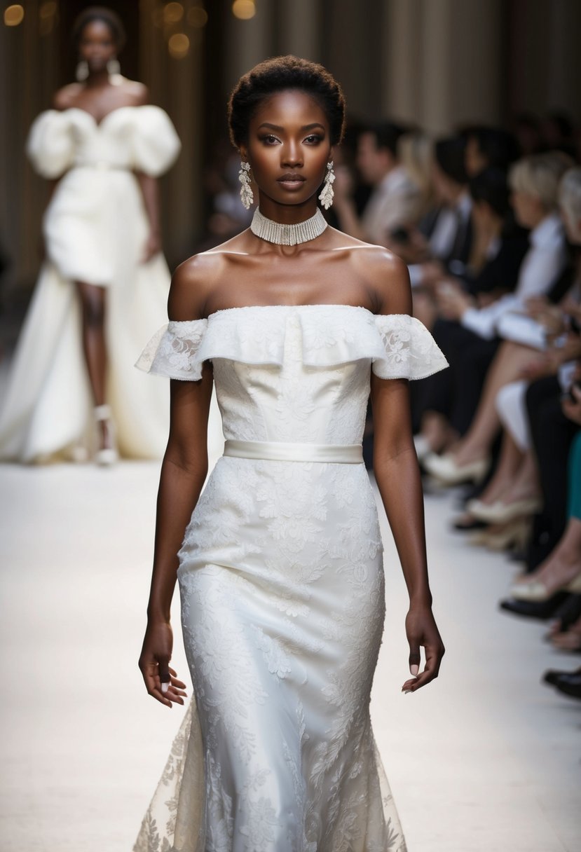 A model in an off-shoulder, 90s-inspired wedding dress struts down the runway, exuding timeless allure and elegance