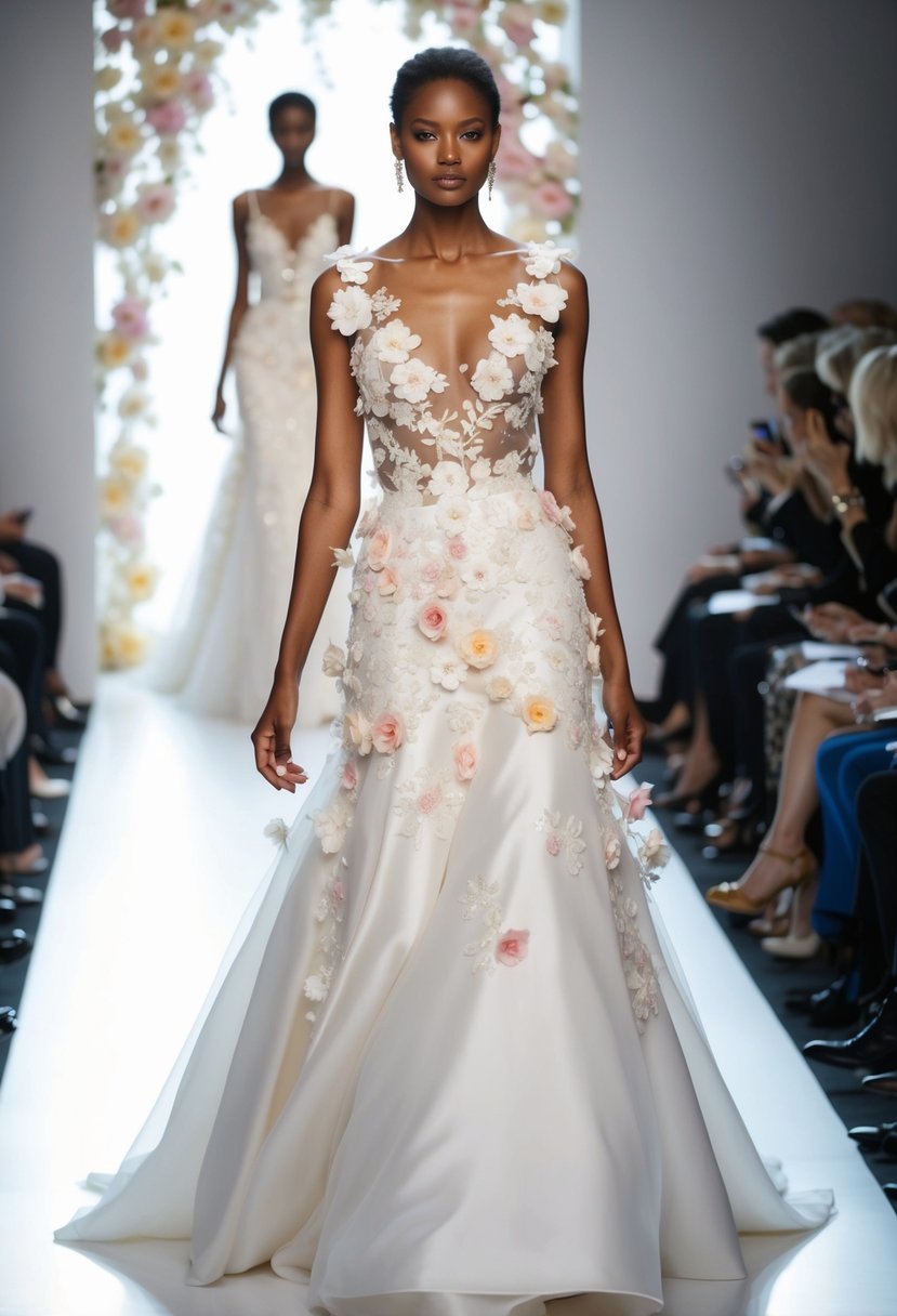 A 90s runway wedding dress adorned with floral appliques cascading down the bodice and skirt, exuding a romantic and ethereal vibe