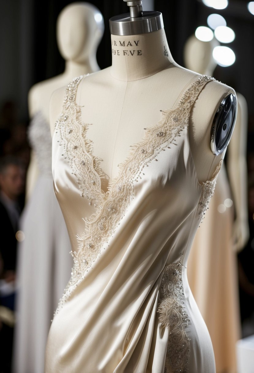 A silk slip dress drapes elegantly over a mannequin, adorned with delicate lace and shimmering details, reminiscent of 90s runway wedding fashion