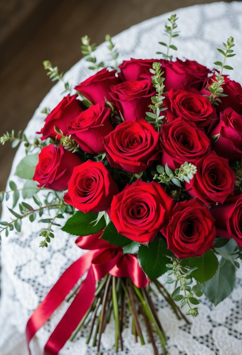 A lush bouquet of vibrant red roses, accented with delicate greenery and tied with a satin ribbon, sits on a white lace tablecloth