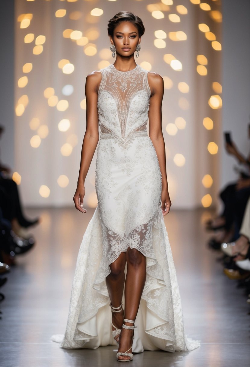 A model walks down the runway in a 90s-inspired wedding dress with a high-low hemline, featuring intricate lace and beadwork