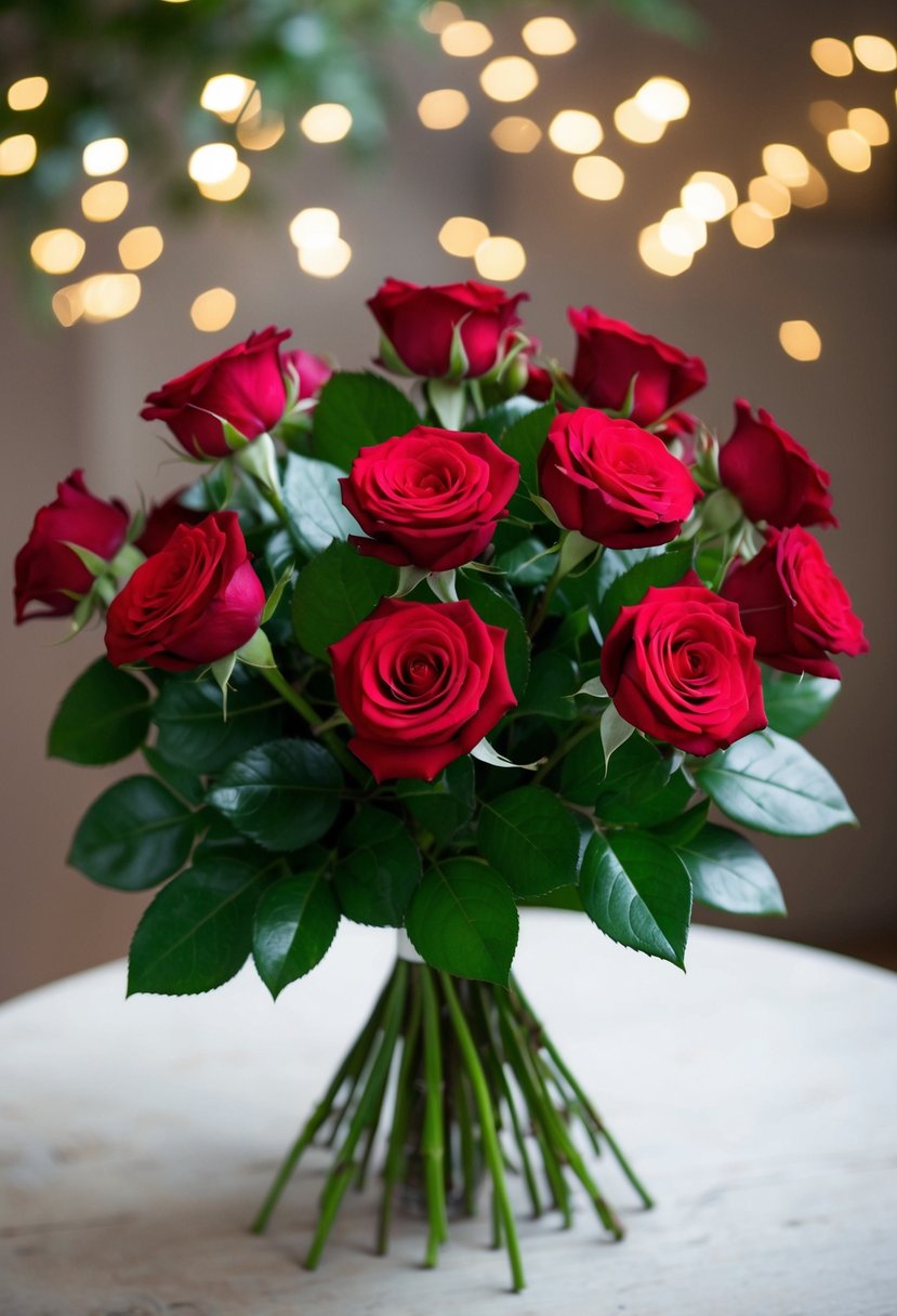 A classic red rose bouquet, with long stems and lush green leaves, arranged in a rounded, full shape