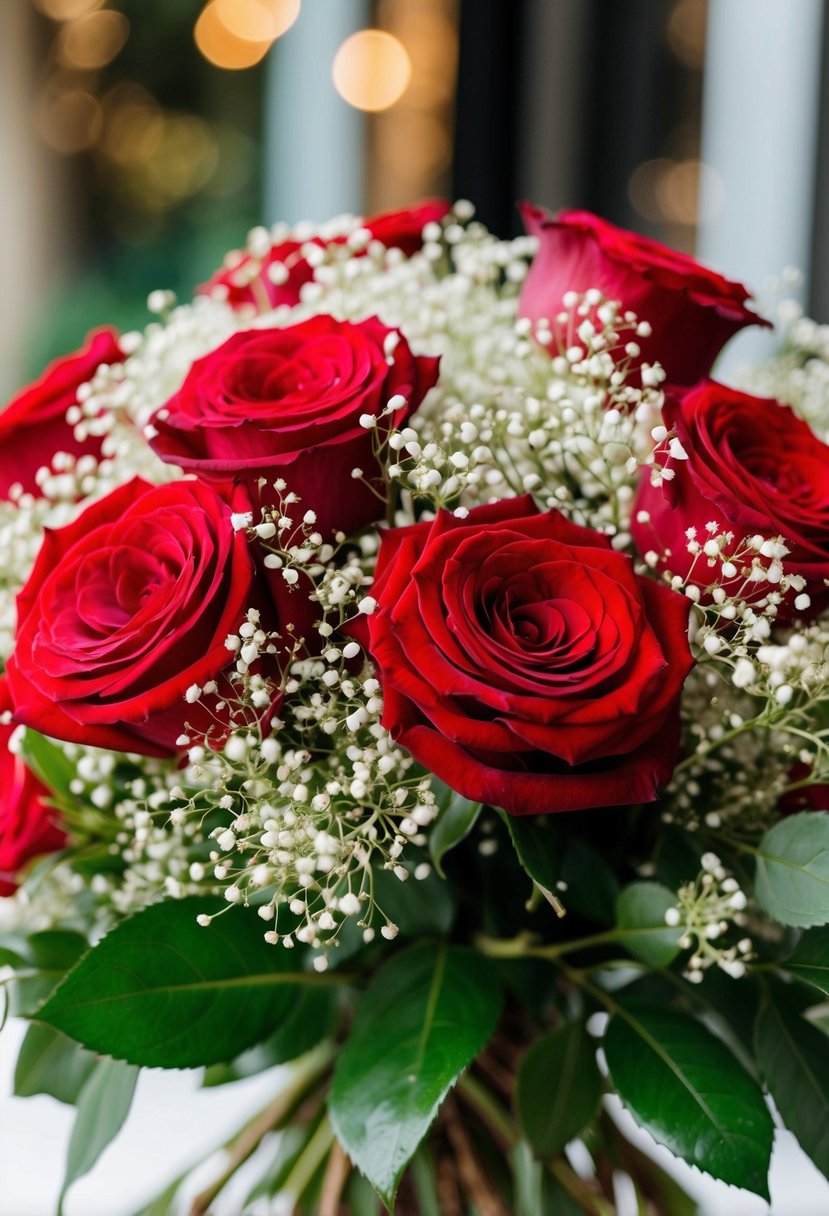 A lush bouquet of red roses accented with delicate Baby's Breath