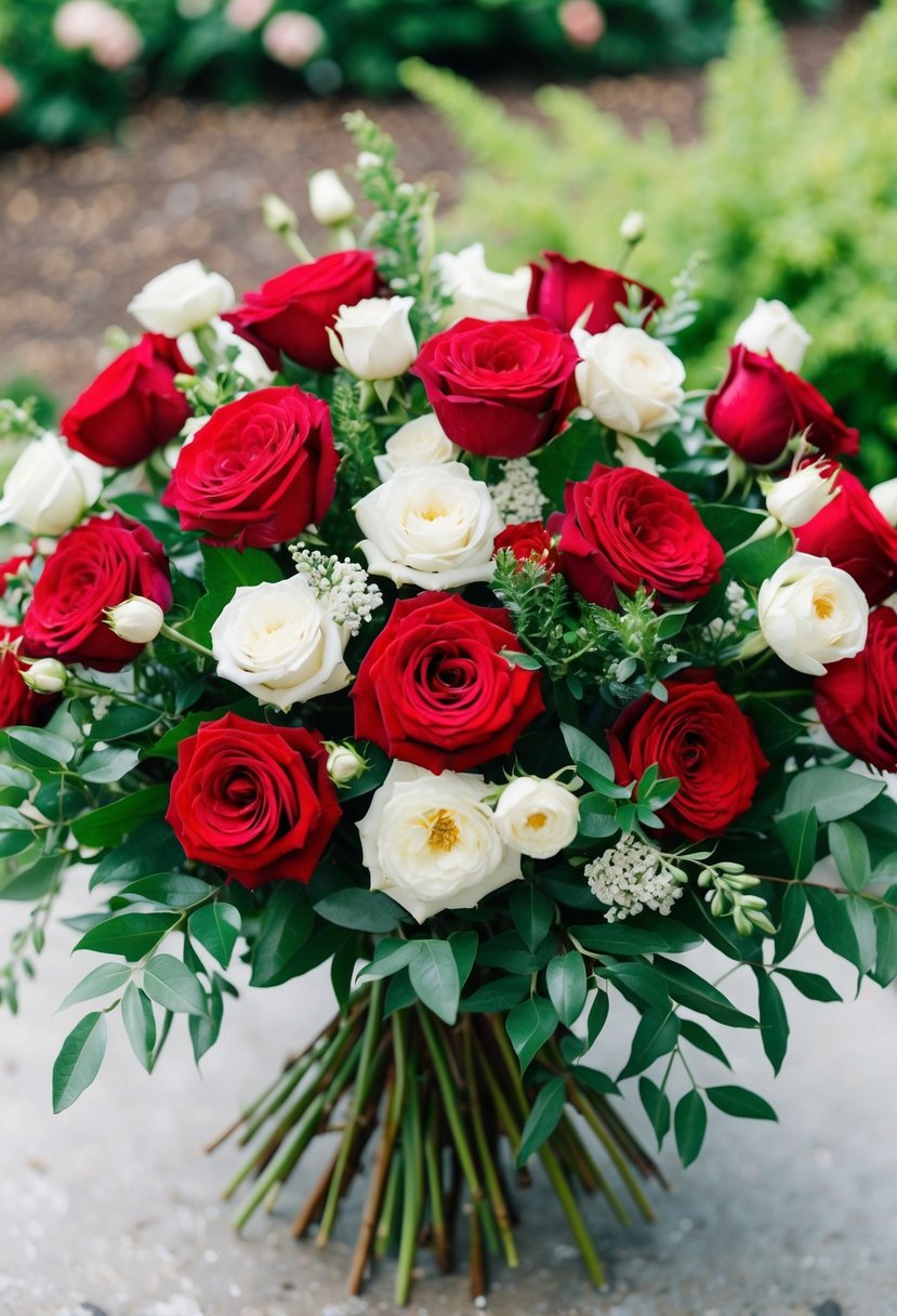 A lush bouquet of red roses and white flowers, with green foliage, arranged in a garden-inspired style