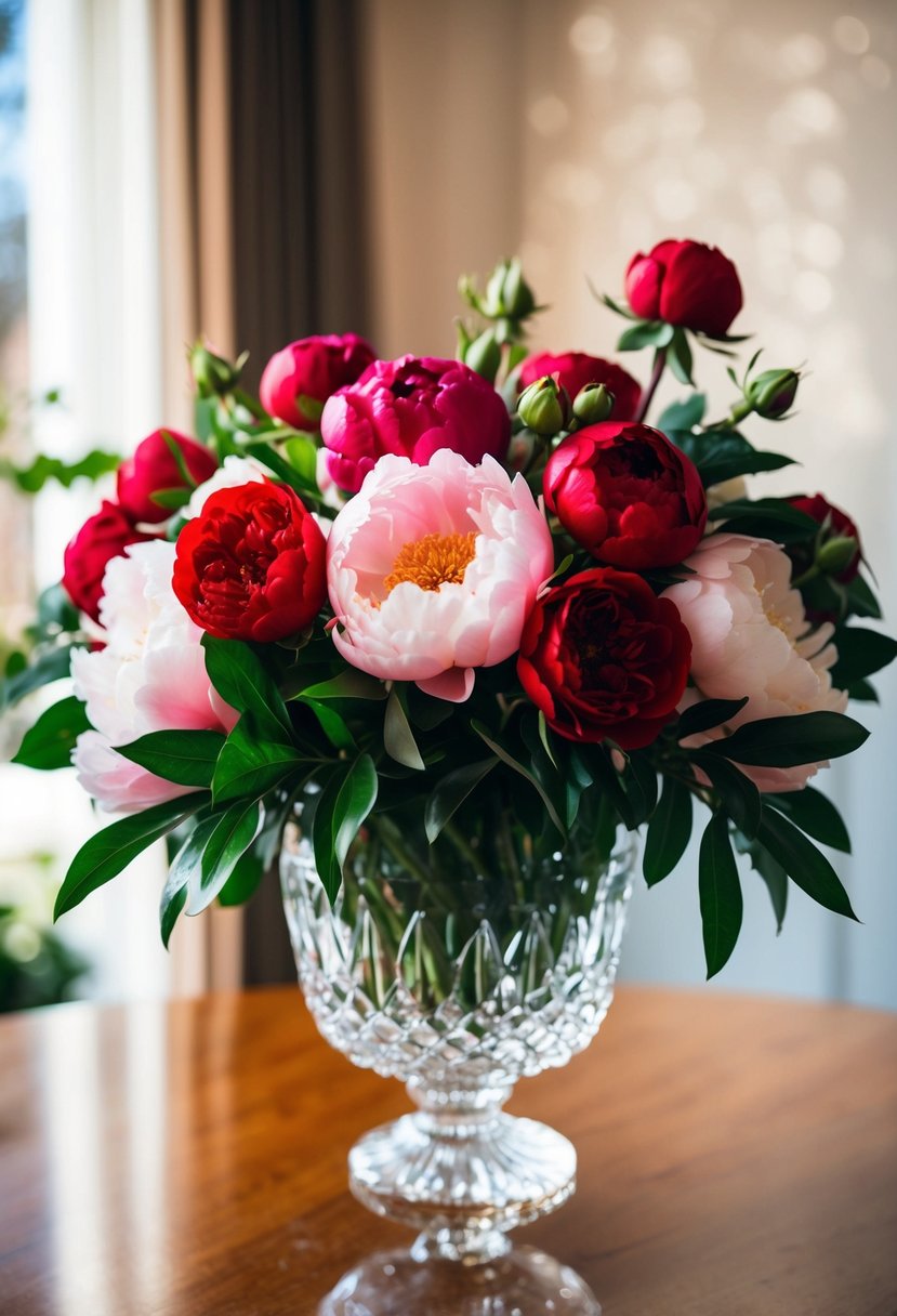 A vibrant bouquet of lush peonies and red roses in a crystal vase